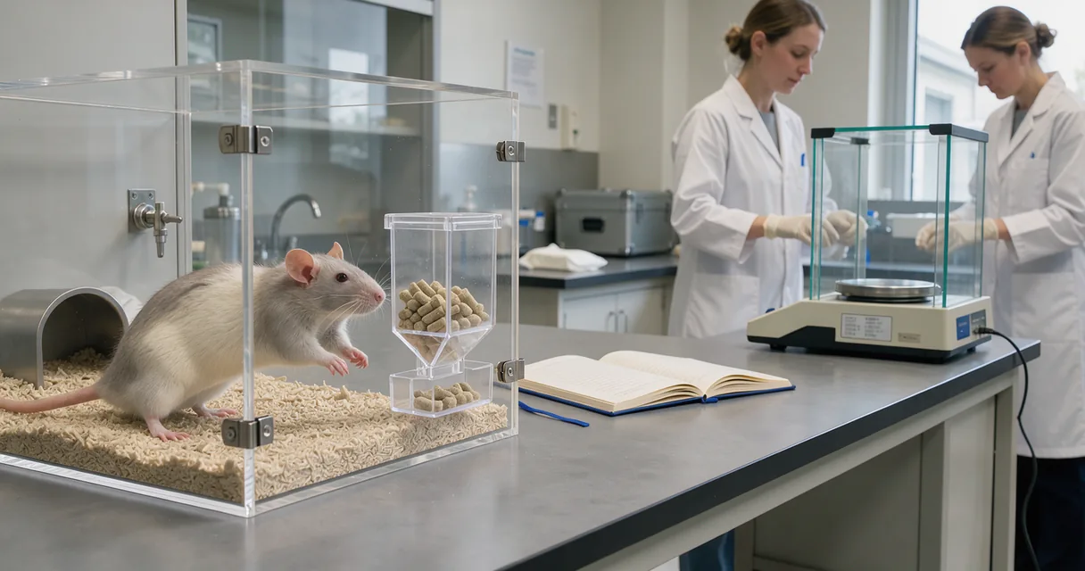 A laboratory rat at a food hopper with a technician working beside an enclosed balance