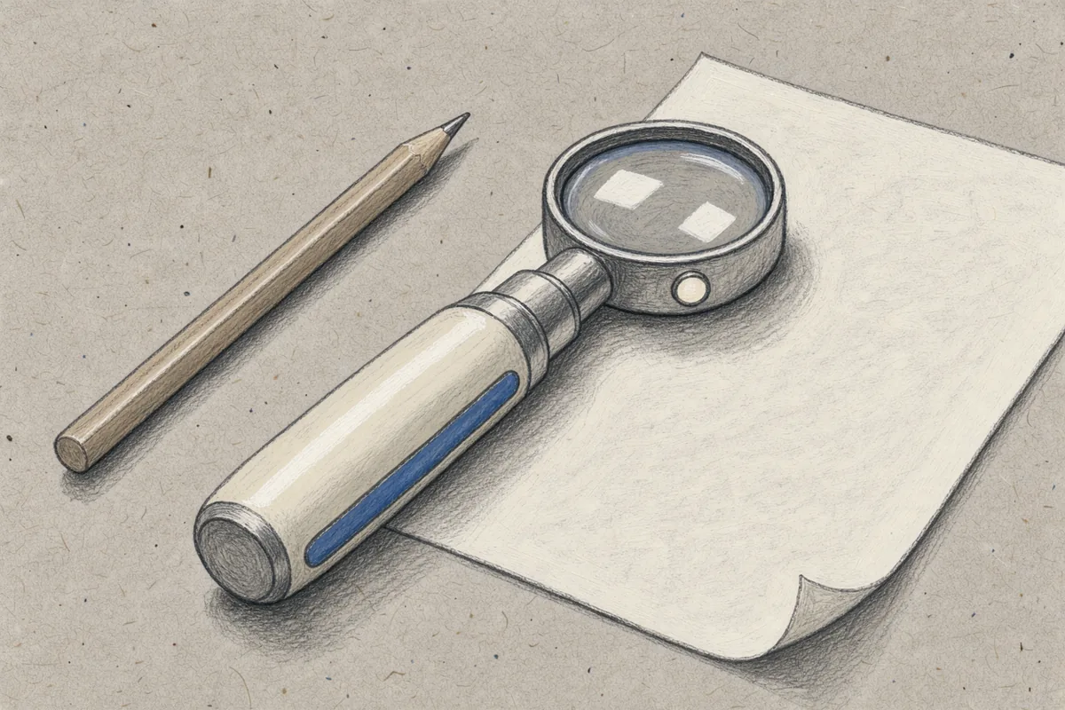 A dermatoscope with a circular glass lens beside a pencil and blank examination paper
