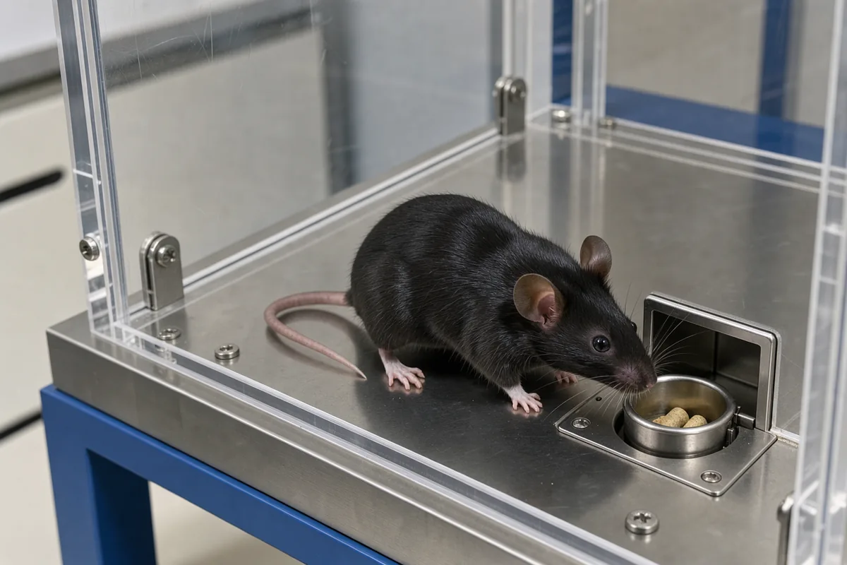 A black laboratory mouse beside a food access port in a clear research chamber