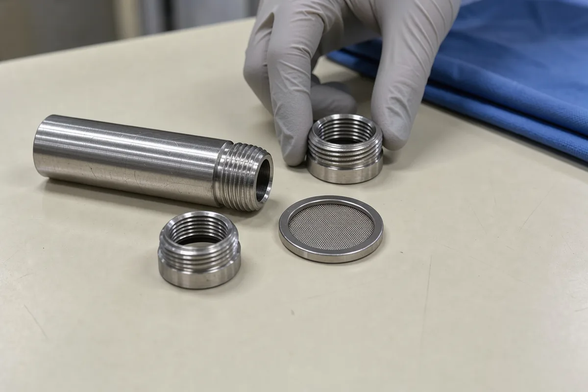 A stainless steel chromatography column and its fittings on a pale laboratory bench